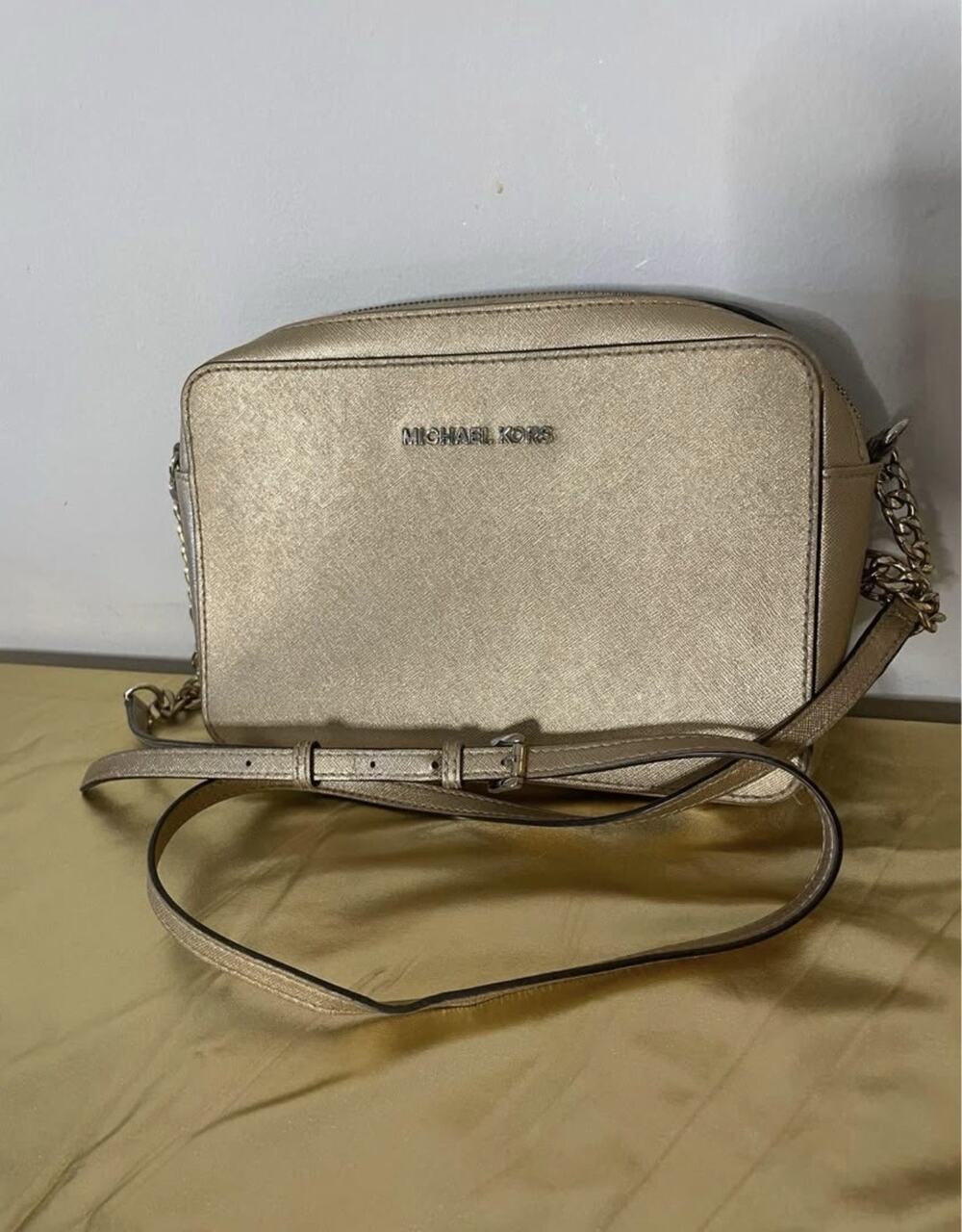 Michael Kors Jet Set Metallic Pale Gold Crossbody Bag MK Logo
